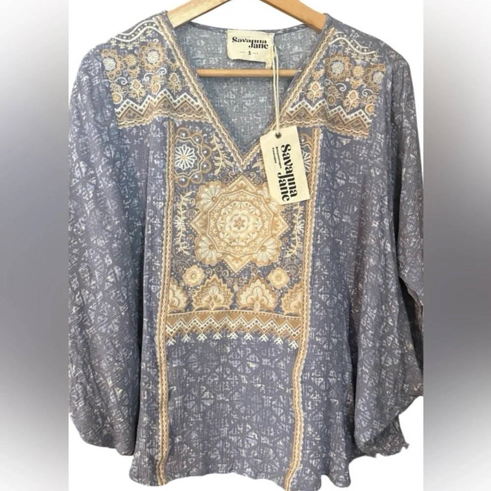 Savanna Jane NWT Embroidered Blue Tunic Poncho Boho Cottagecore - Picture 2 of 9
